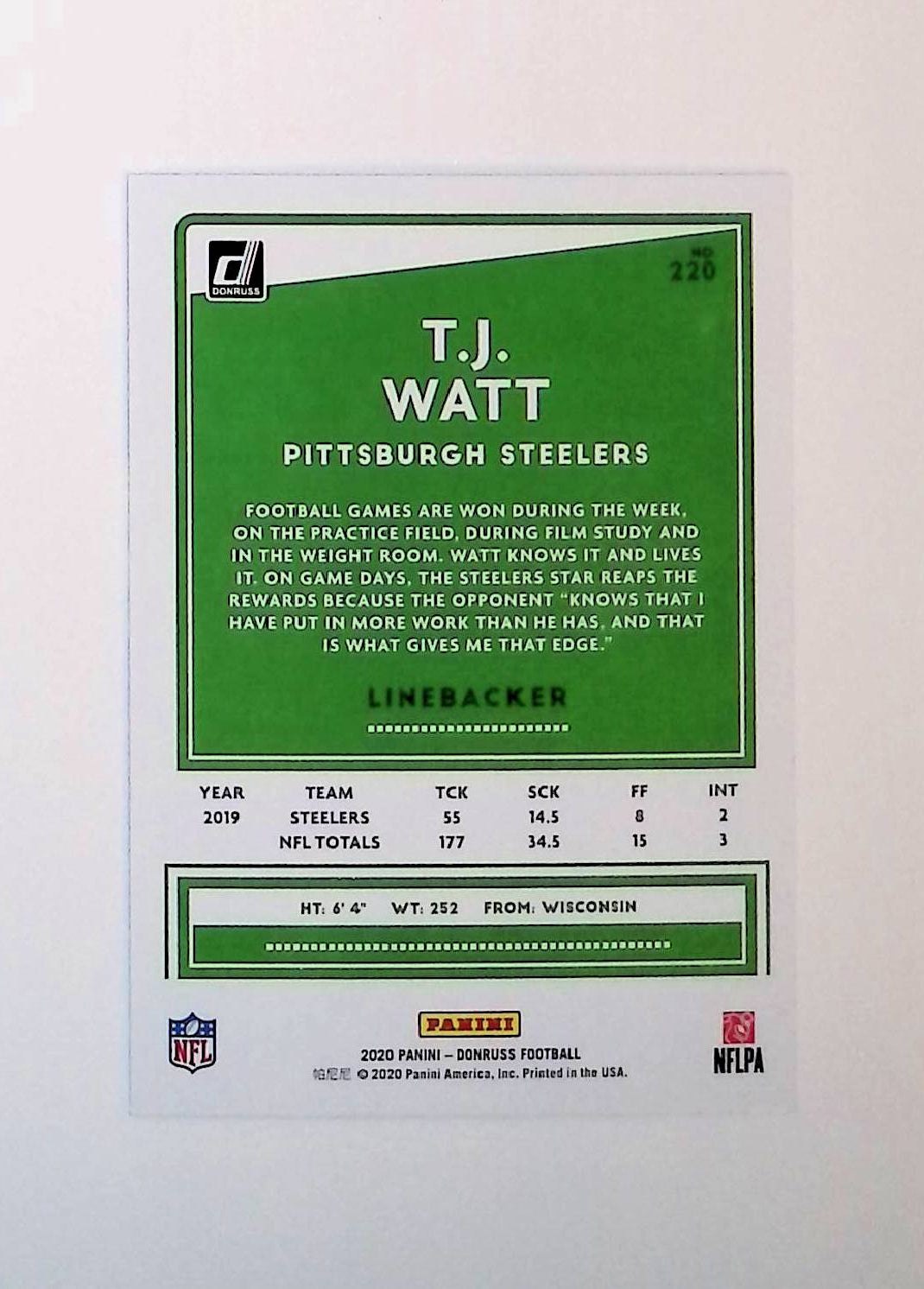 TJ Watt 2020 Donruss Press Proof Blue #220 - LoCo Collectables