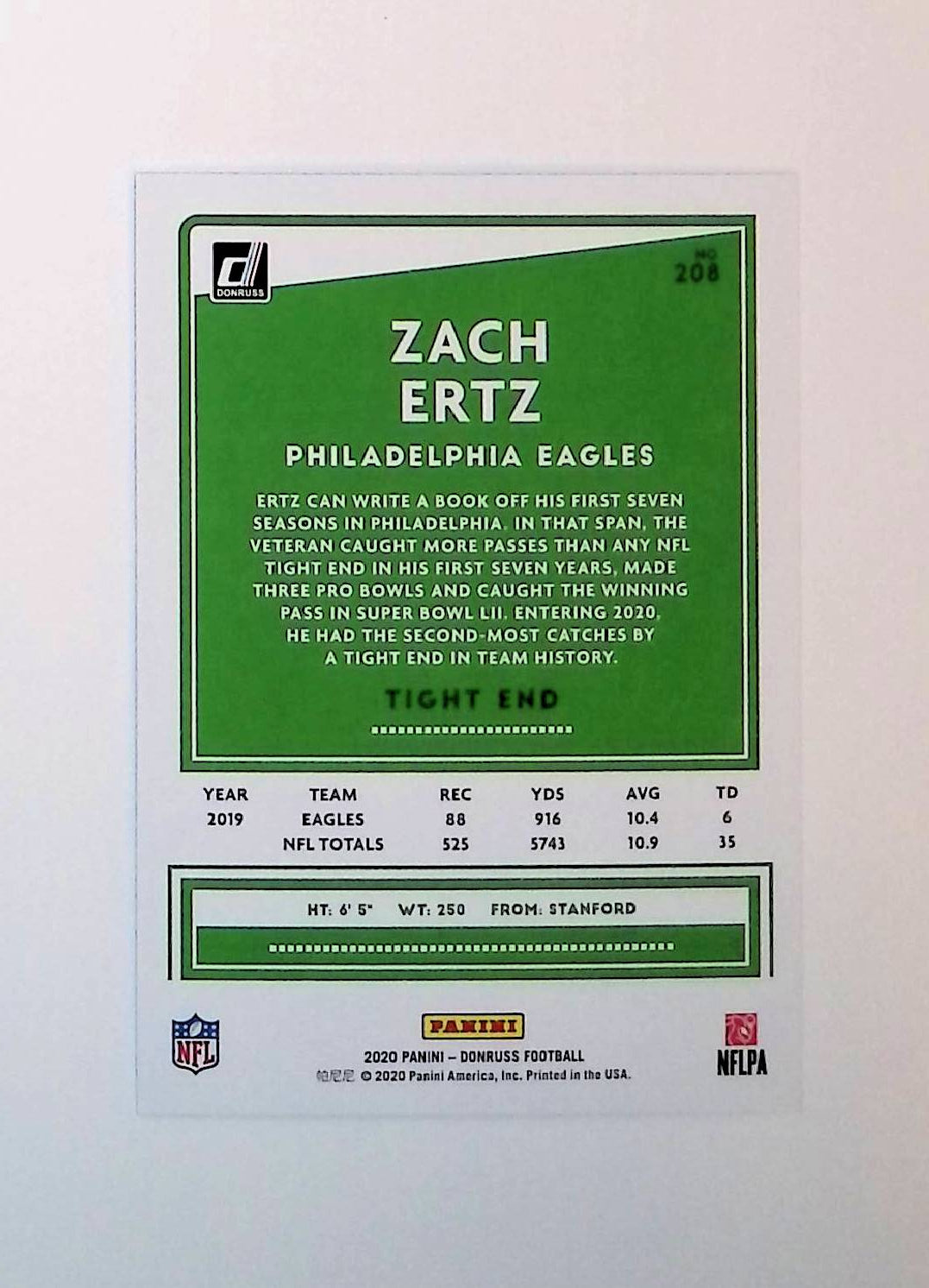 Zach Ertz 2020 Donruss Press Proof Blue #208 - LoCo Collectables